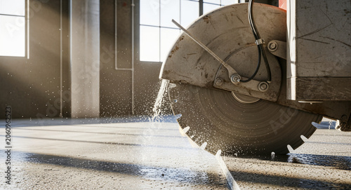 Industrial saw cutting concrete floor in a warehouse. Water spray cools the diamond blade during wet cutting. Construction concept for flooring and renovation services.