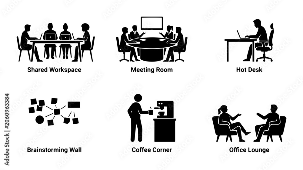 Fototapeta premium Modern Office Icons: Shared Workspace, Meeting Room, Hot Desk, Brainstorming, Coffee, Lounge