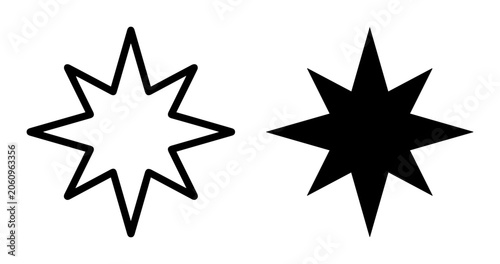 Eight-Pointed Star Icons, Simple Geometric Shapes, Black and White Graphic Elements, Abstract Starburst Symbols