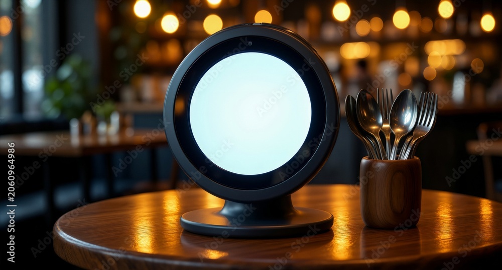 Fototapeta premium Modern Digital Display Mockup on Wooden Table with Bokeh Background
