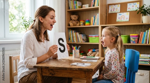 Speech Therapist Working with Young Girl Using Letter Flashcards in a Bright Classroom Setting