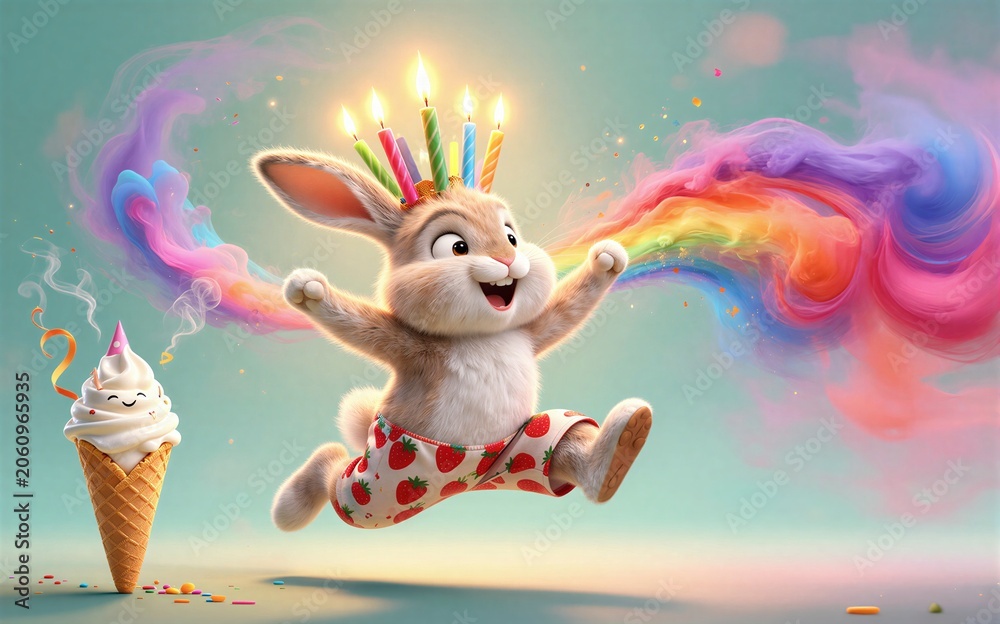 Naklejka premium Happy bunny leaps with birthday candles, rainbow smoke swirls around festive ice cream cone.