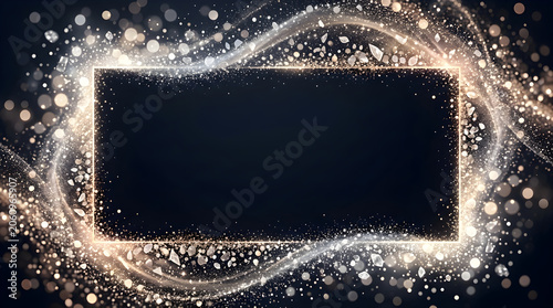 Rectangular frame with glowing silver particles and glitter light swirls on a dark black background