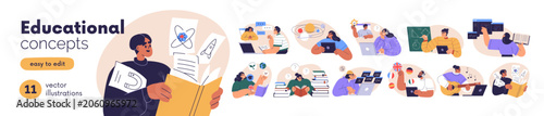 Education concept set. Students learning online. People studying via internet with laptop, book. Physics, coding, science lessons, training. Flat vector illustrations isolated on white background