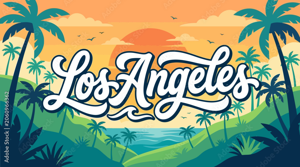 Obraz premium Los Angeles city silhouette with palm trees and sunset background illustration.