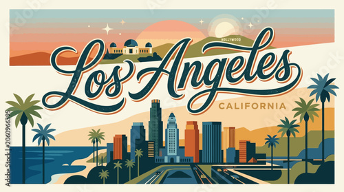 Los Angeles city skyline illustration: Vintage postcard design
