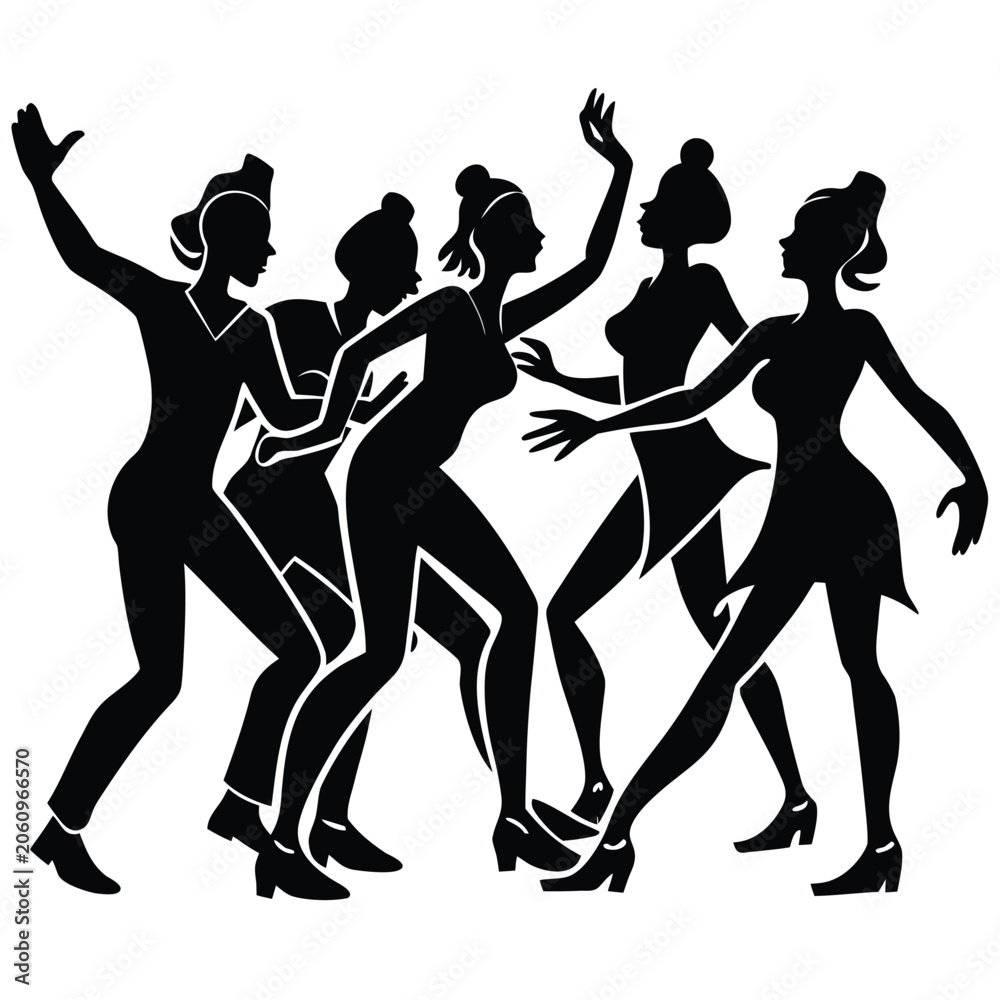 Fototapeta premium Silhouette Dance Party: A group of women in silhouette are captured in dynamic poses, suggesting a lively dance or celebration, embodying joy and movement.