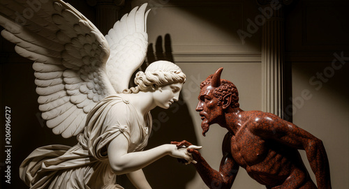Marble angel and red stone devil sculpture facing each other. Classical statues holding hands in dramatic museum lighting. Morality concept ideal for religious and philosophical content.