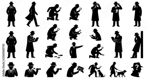 Detective Silhouette Icon Set Private Investigator Black Vector Collection