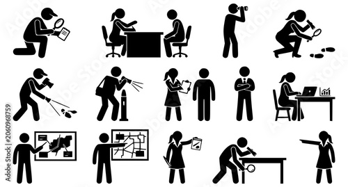 Fotografie Detective Investigation Silhouette Icons Black Vector Collection