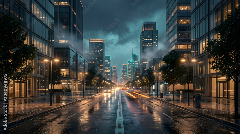 Obraz premium Empty city street at night with glowing lights and reflections on a wet road in a modern downtown urban district