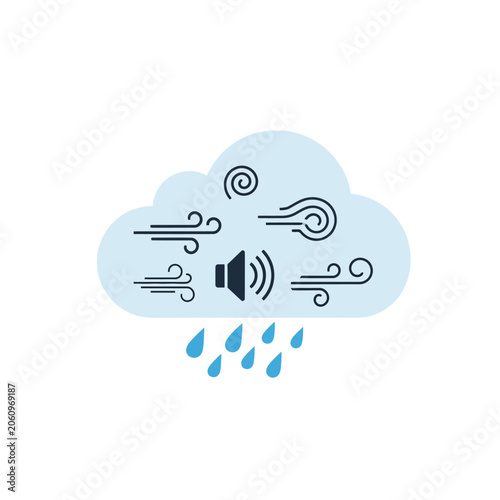Ambient nature sound icon featuring a loudspeaker inside a blue cloud with wind swirls and raindrops representing white noise or weather audio isolated on white background