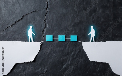 Two figures cross a chasm via connected blue blocks, symbolizing collaboration.