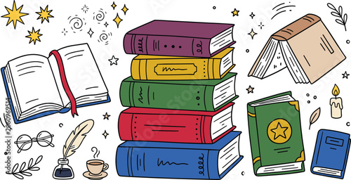 Vector doodle collection of cozy magic books featuring colorful stacked textbooks open novel hardcovers feather quill inkwell glasses and candle for reading design