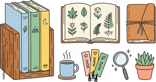 Vector doodle collection of cozy reading elements featuring books on bookshelf open botanical notebook leather journal bookmarks magnifying glass coffee and succulent plant