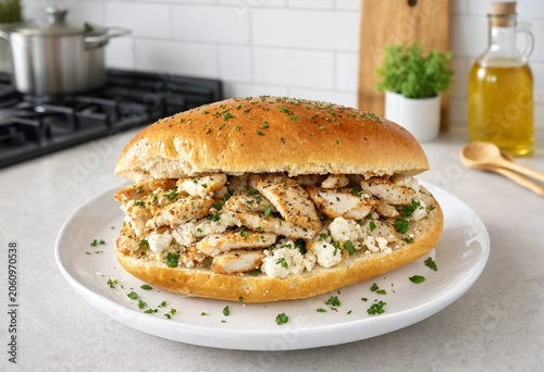 Large homemade sandwich with grilled chicken, feta cheese and herbs on a plate in the kitchen.