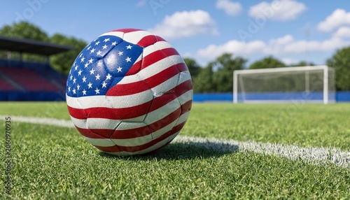 Soccer ball with American flag pattern on green football field
