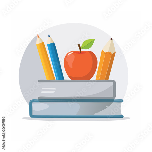 Flat design illustration of school supplies with apple and books