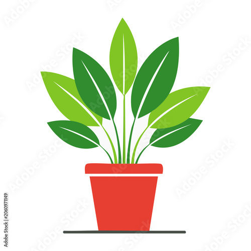 Flat design potted plant with green leaves and red pot