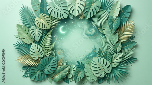 Tropical leaf wreath on green background.