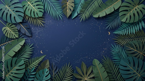 Tropical leaves frame dark background border.
