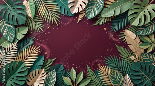 Tropical leaves frame with maroon background.
