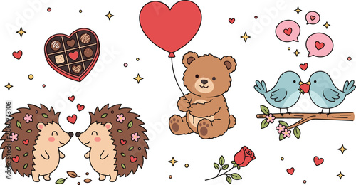Vector cartoon collection of cute Valentines Day animal characters featuring teddy bear with balloon lovebirds kissing on branch and hedgehog couple near chocolate box stickers