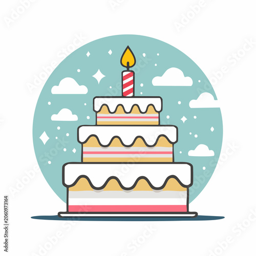 Three Tier Birthday Cake with Candle and Clouds