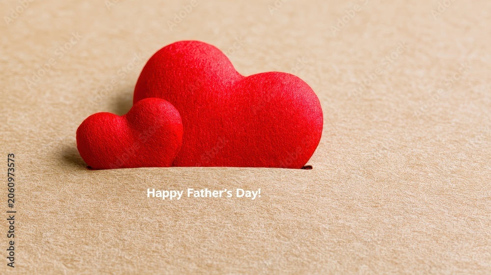 Fototapeta premium Two red felt hearts resting on textured brown paper surface with text reading Happy Fathers Day