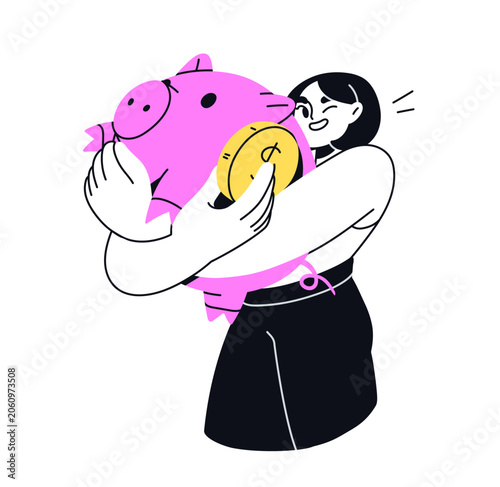 Thrifty woman with big piggy bank and coin. Money savings, personal finance c...