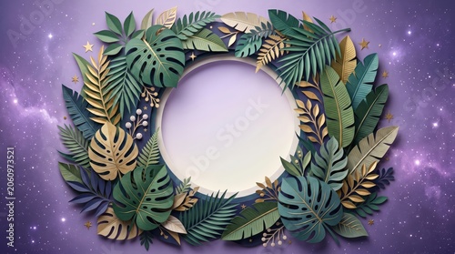 Green leafy wreath with purple background.