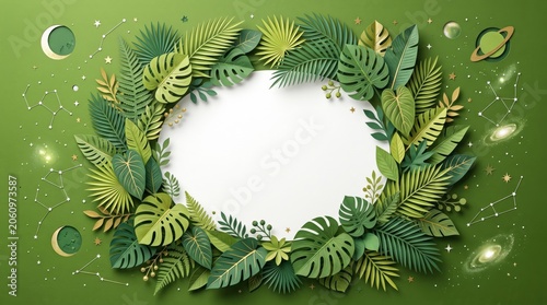 Green leaves circular frame design element.