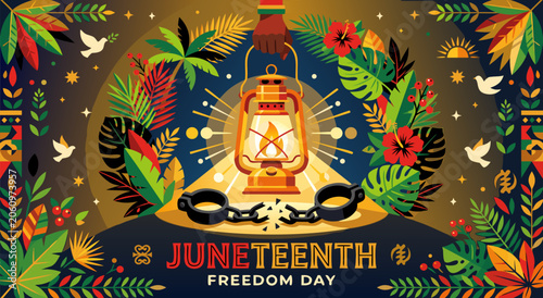 Obraz na plátne Juneteenth Freedom Day illustration background featuring broken chains and glowi