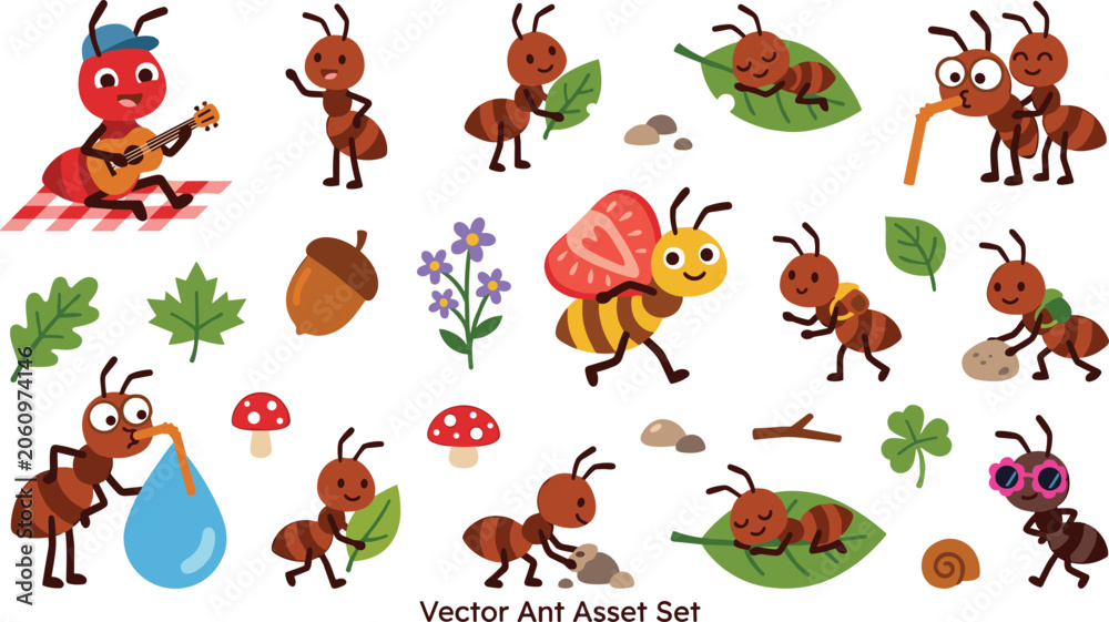 Naklejka premium Vector cartoon collection of cute ant assets featuring little insects playing acoustic guitar sleeping on leaves drinking sweet nectar carrying stones and butterfly friends