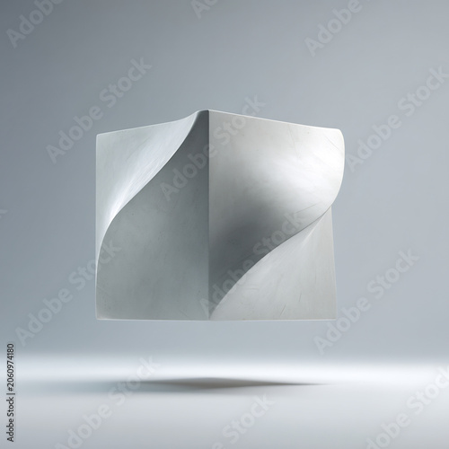 Abstract gray cube with curved paper edges floating in air 3D rendered