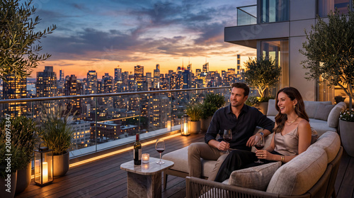 Elegant Couple Enjoying Sunset Drinks on a Luxurious Rooftop Terrace Overlooking a Modern City Skyline