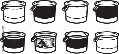 Foto Set of eight identical mesh-lid containers with handles