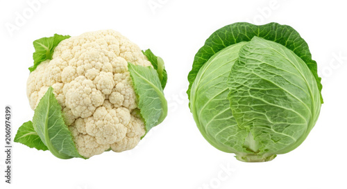 Fresh cauliflower and green cabbage isolated on white background, healthy organic vegetables, natural produce, studio lighting, food and nutrition concept, high detail