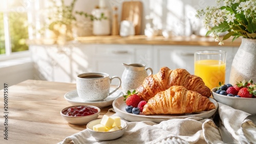 Buttery flaky croissants with berries, jam, coffee and orange juice on a sunlit wooden breakfast table in a bright cozy kitchen