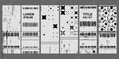 Foto Brutalist poster templates with barcodes and geometric shapes monochrome