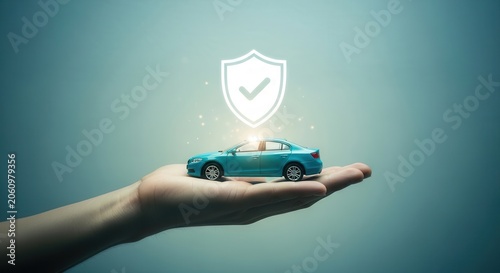 Hand holding a blue toy car under a glowing shield with a checkmark, symbolizing car insurance and protection.