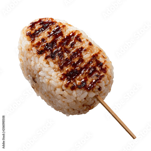 Grilled Rice Ball on a Wooden Skewer with Dark Brown Grill Marks Keywords: rice ball, onigiri isolated on a transparent background