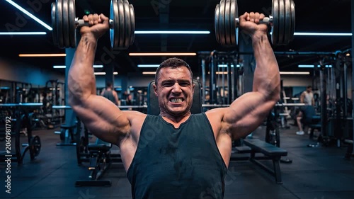 Muscular man lifting heavy dumbbells in a gym, showing strength training, bodybuilding, fitness motivation, and intense workout performance.