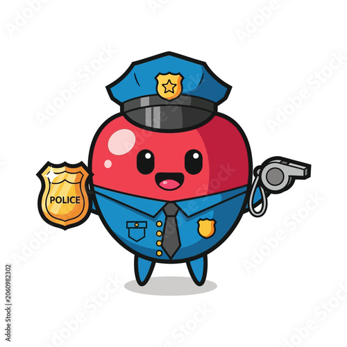 Cute cartoon apple police officer character holding badge and whistle