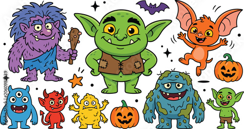 Vector cartoon collection of cute Halloween monsters and mythical creatures featuring green goblins purple troll funny bat red devil and spooky pumpkins sticker graphic design