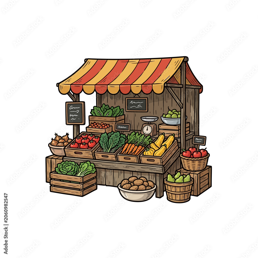 Obraz premium Vintage Market Stall With Striped Awning Displaying Fresh Tomatoes, Carrots, Bananas, Lettuce, Potatoes And Apples Arranged In Wooden Crates And Woven Baskets, Vector Illustration