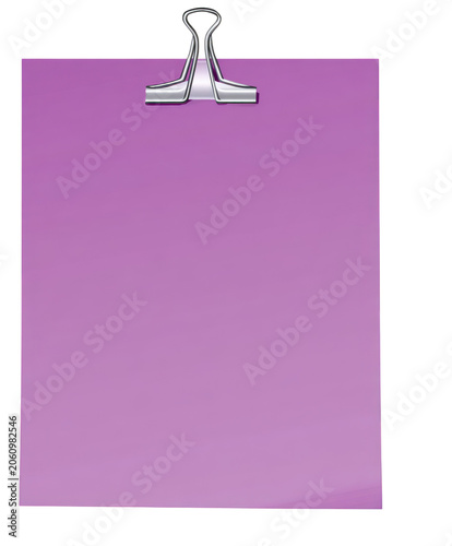 Purple Paper Sheet Held by a Silver Binder Clip on White Background graphic (176 isolated on a transparent background
