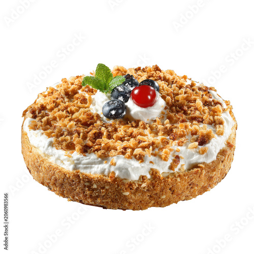 Round Cake With White Frosting Crumble Topping Blueberries and Cherry isolated on a transparent background