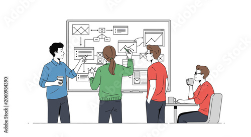 Collaborative business meeting illustration: diverse team analyzing data, discussing project workflow, and developing strategy on a whiteboard.