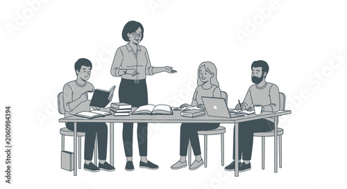 Diverse group of students and a female instructor collaborating around a table, engaged in a study session with books and laptops.